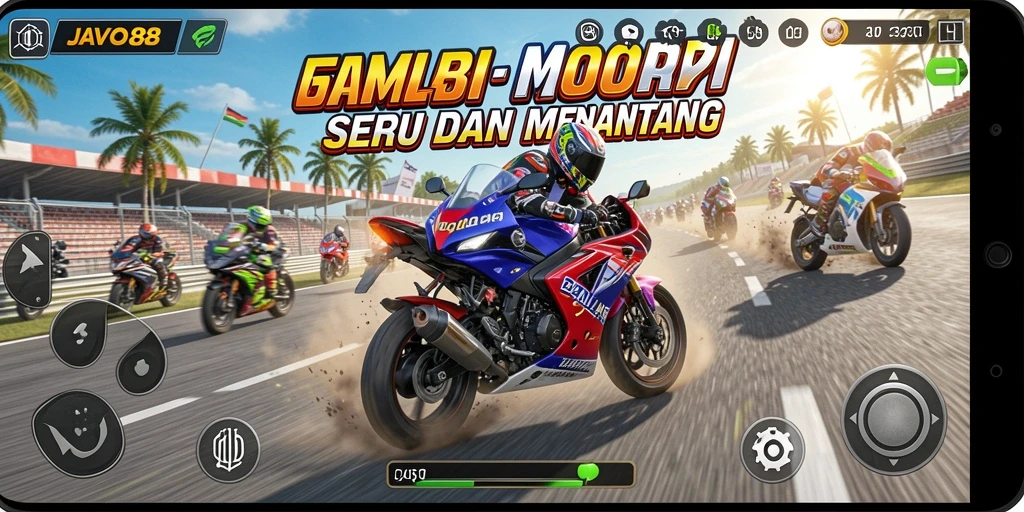 Tangkapan layar <strong>JAVO88</strong> menunjukkan aksi balapan motor yang mendebarkan.
