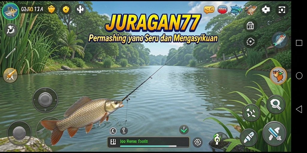 Screenshot gameplay JURAGAN77 menampilkan aksi menangkap ikan di danau.