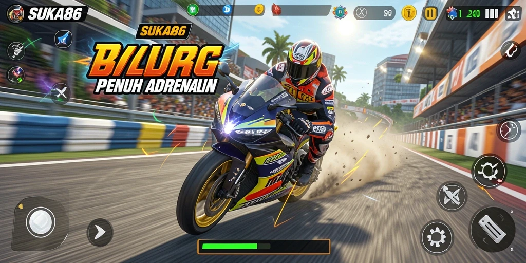 Screenshot gameplay SUKA86 yang menampilkan aksi balap motor yang mendebarkan.